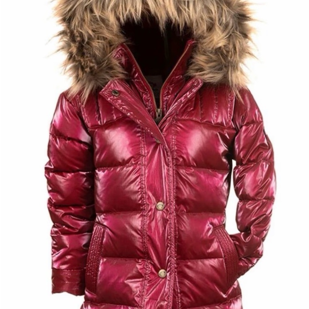 Appaman Girls' Long Puffer Coat in Wine with Faux Fur Hood